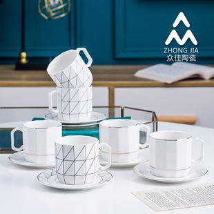 厂家自主研发coffee set新品北欧耐高温陶瓷白色条纹咖啡杯碟套装